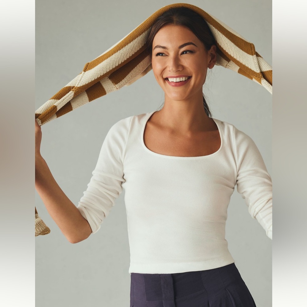 Anthropologie Maeve Long Sleeve Scoop Neck Ribbed Top Size Medium Minimal Preppy